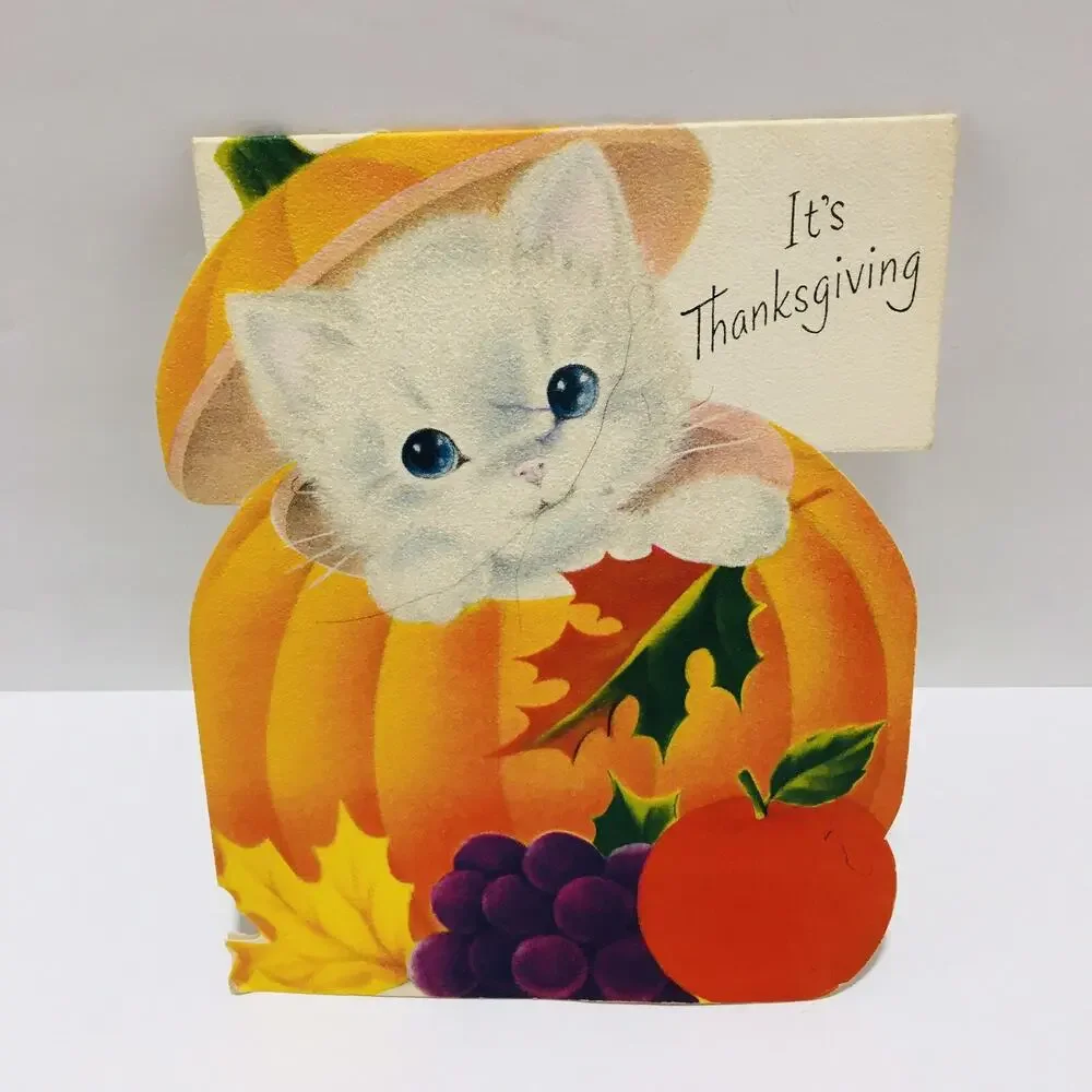Vtg Norcross Thanksgiving Greeting Card Kitten Kitty 1940's Pumpkin Rare Unused